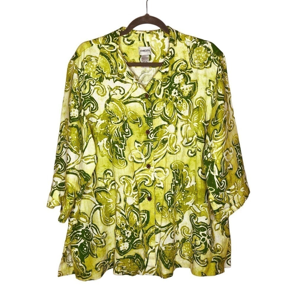 Chico’s Women’s Size 3 / XL 100% Linen Shirt Top Green Paisley Button Front
